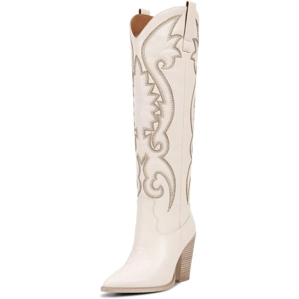 Women's Matte Beige Knee High Cowgirl Pointed Toe Chunky Heel Slip On Boots